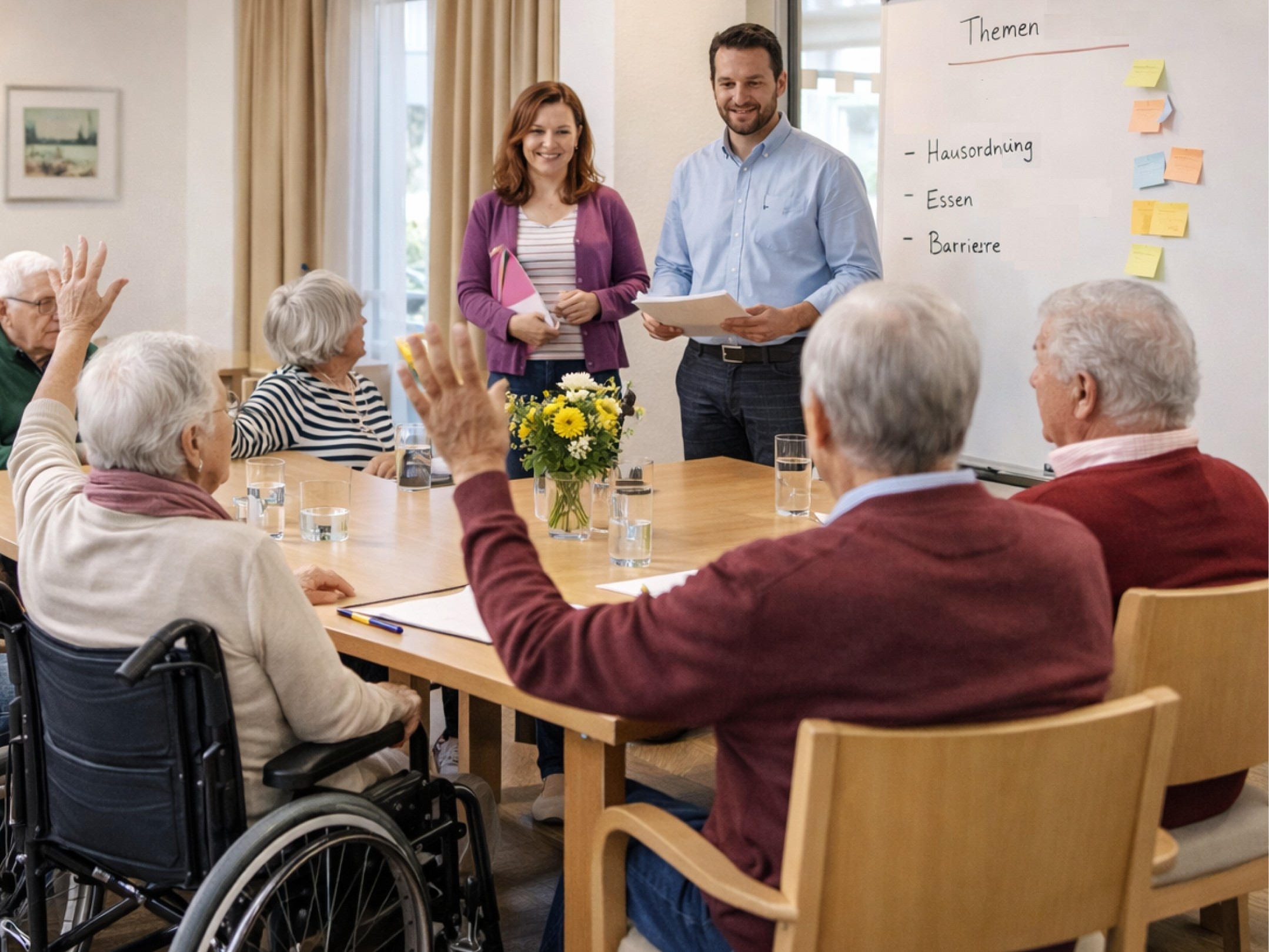Vier Rentnern an einem Tisch, zwei heben den Arm wie bei einer Abstimmung, vor dem Tisch 2 jüngere Menschen