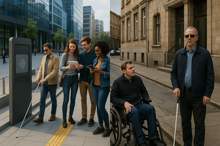 Geteiltes Bild. Links in blau gehaltene Hochhäuser. Freundliche Stimmung. Zu sehen sind ein Blinder vor einem Leitsystem und einem Sprachausgabekasten sowie eine Gruppe begeisterter Menschen. Rechts eine triste Kulisse. Ein Rathaus ist nur über Treppen zugänglich. Auf dem Boden liegt schwer überwindbares Kopfsteinpflaster. Das Leitsystem ist kaum mehr vorhanden. Ein blinder Mensch zeigt ein ratloses Gesicht. Ein Mann im Rollstuhl steht vor dem zu hohen Bordstein.