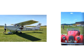 Ein Kleinstflugzeug und daneben ein Oldtimer als einzelne Bilder in einem vereint