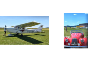 Ein Kleinstflugzeug und daneben ein Oldtimer als einzelne Bilder in einem vereint