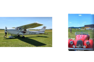 Ein Kleinstflugzeug und daneben ein Oldtimer als einzelne Bilder in einem vereint