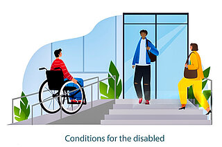 eine Illustration eines Eingangsbereichs für Menschen mit und ohne Behinderung