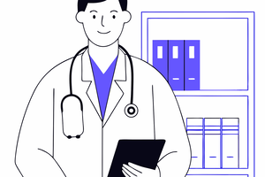 Ein gemalter Arzt mit Akten im Hintergrund - Piktogramm