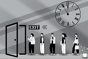 Eine lange Schlange Personen unter einer Uhr und davor eine offene Exittür