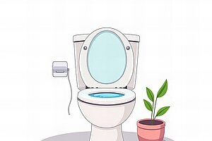 Illustration einer Wassertoilette mit Pflanze nebendran und Klorolle samt Halterung.