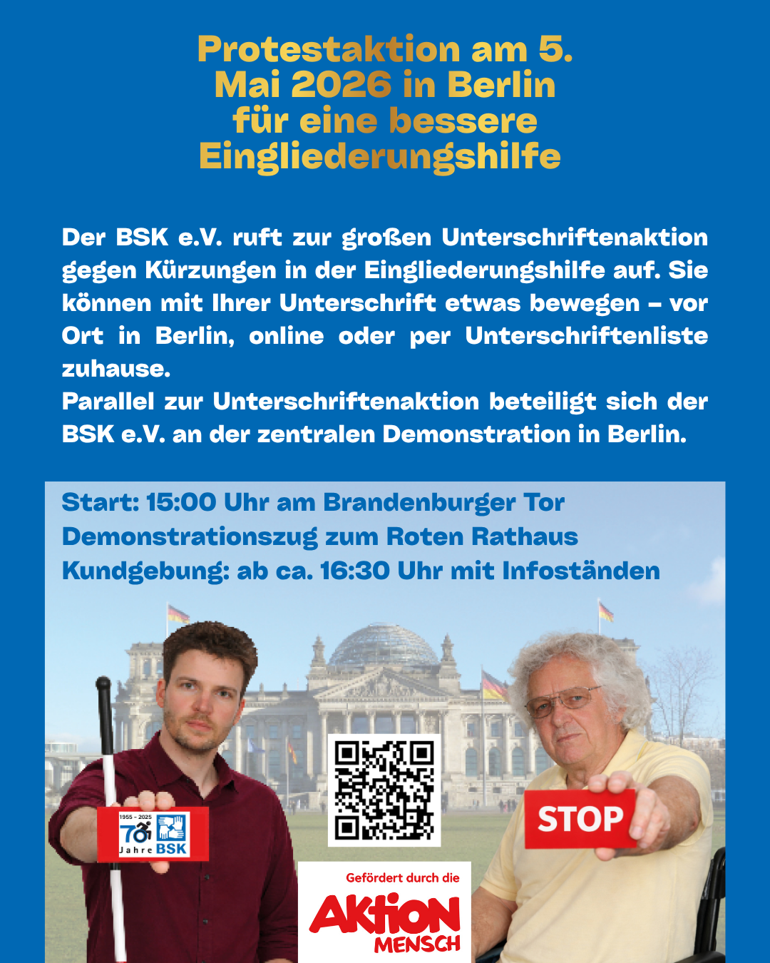Ankündigung der 5. Mai-Protestaktion mit Unterschriftenliste für bessere Eingliederungshilfe in Textform. Ein junger bilder Mann links im Bild und ein älterer Rollstuhlnutzer rechts im Bild signalisieren "Hände weg von der Eingliederungshilfe". Sie befinden sich vor dem Berliner Reichtagsgebäude.